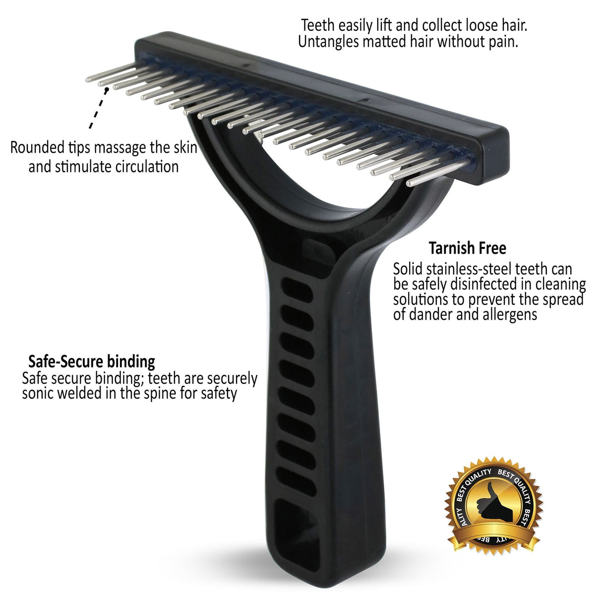 Feature diagram of a black grooming rake highlighting rounded pin tips and stainless steel teeth