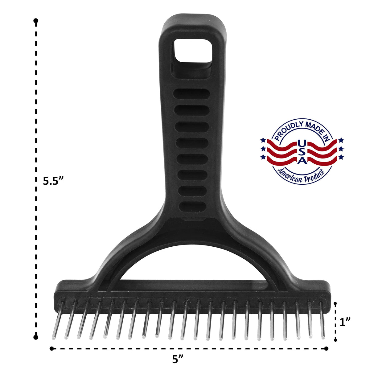Diagram of a black grooming rake showing 5.5 inch height, 5 inch width and 1 inch teeth