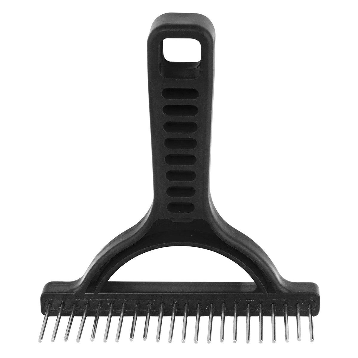 Black grooming rake with a single row of long stainless steel teeth and open grip handle
