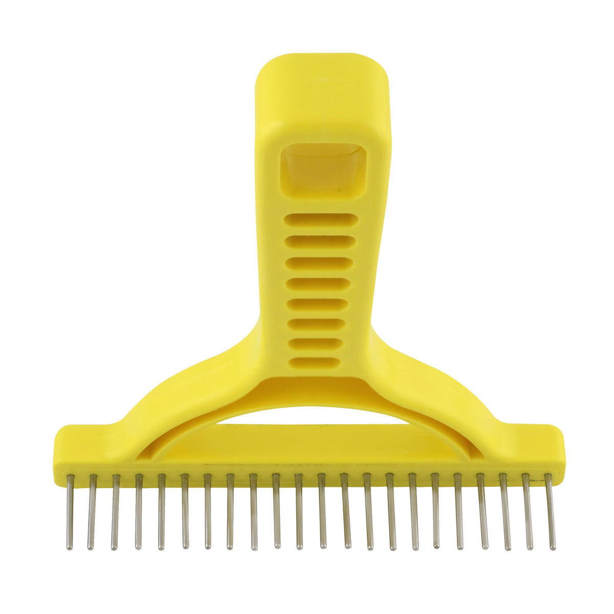 Yellow grooming rake with long stainless steel teeth and an open grip handle, front view