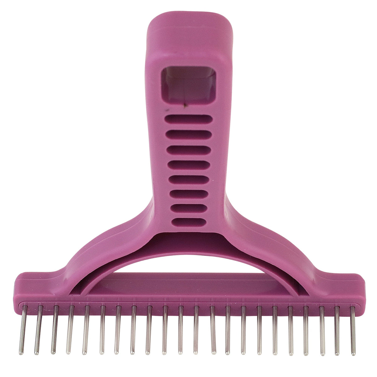 Purple grooming rake with long stainless steel teeth and an open grip handle, front view