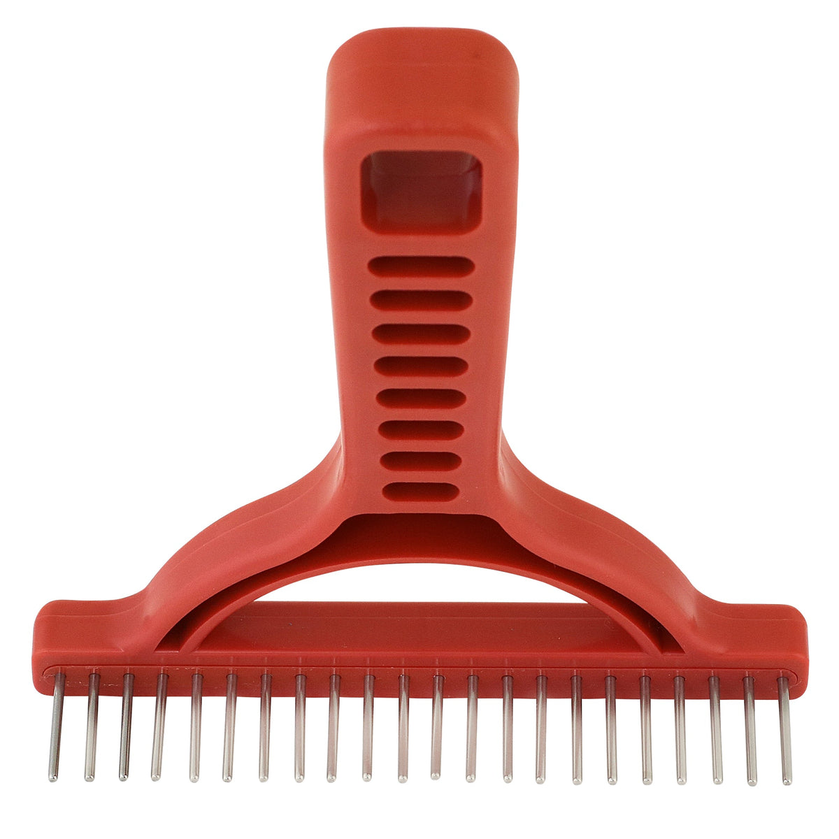 Red grooming rake with long stainless steel teeth and an open grip handle, front view