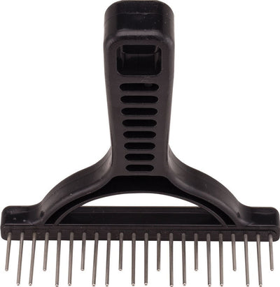 Black shedding rake with two staggered rows of metal teeth