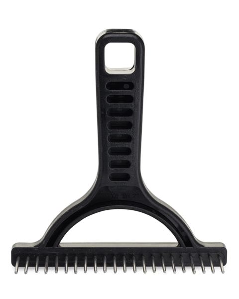Black grooming rake angled to show its single row of long rotating stainless steel teeth
